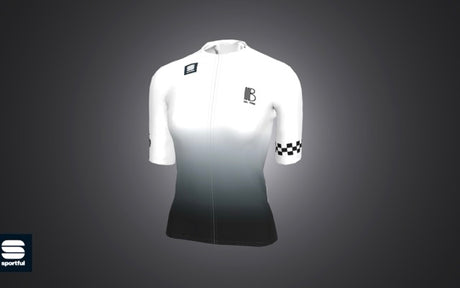 Front view of the 45th Anniversary Short Sleeve Womens Jersey featuring a white-to-black gradient design with subtle branding, ideal for cycling enthusiasts.