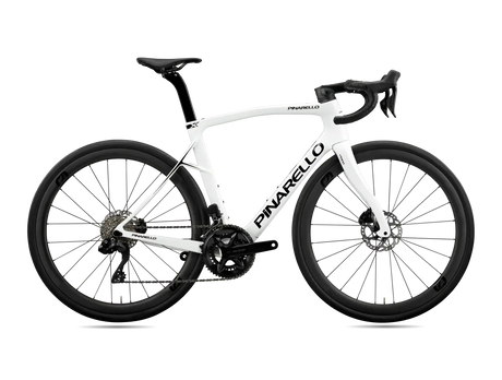 Pinarello X5 105 Di2 road bike in white with colorful accents, designed for speed and efficiency with Shimano Di2 electronic shifting.