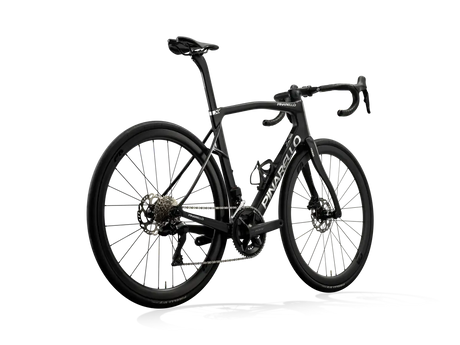 Rear-side view of the Pinarello X5 105 Di2 road bike in black, highlighting its aerodynamic design and high-performance disc brakes.