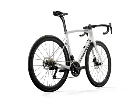 Rear-side view of the Pinarello X5 105 Di2 road bike in white, featuring disc brakes and a lightweight carbon frame for superior performance.