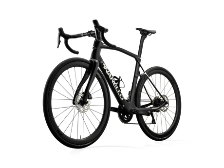 Side-angle view of the Pinarello X5 105 Di2 road bike in black, showcasing its sleek carbon frame and advanced Shimano Di2 electronic shifting.