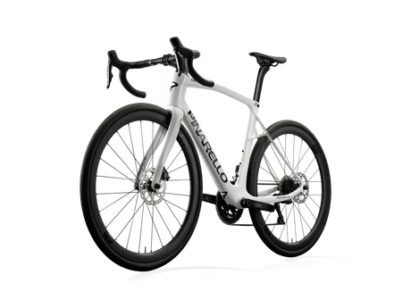 Front-side view of the Pinarello X5 105 Di2 road bike in white, showcasing its aerodynamic carbon frame and precision electronic shifting.