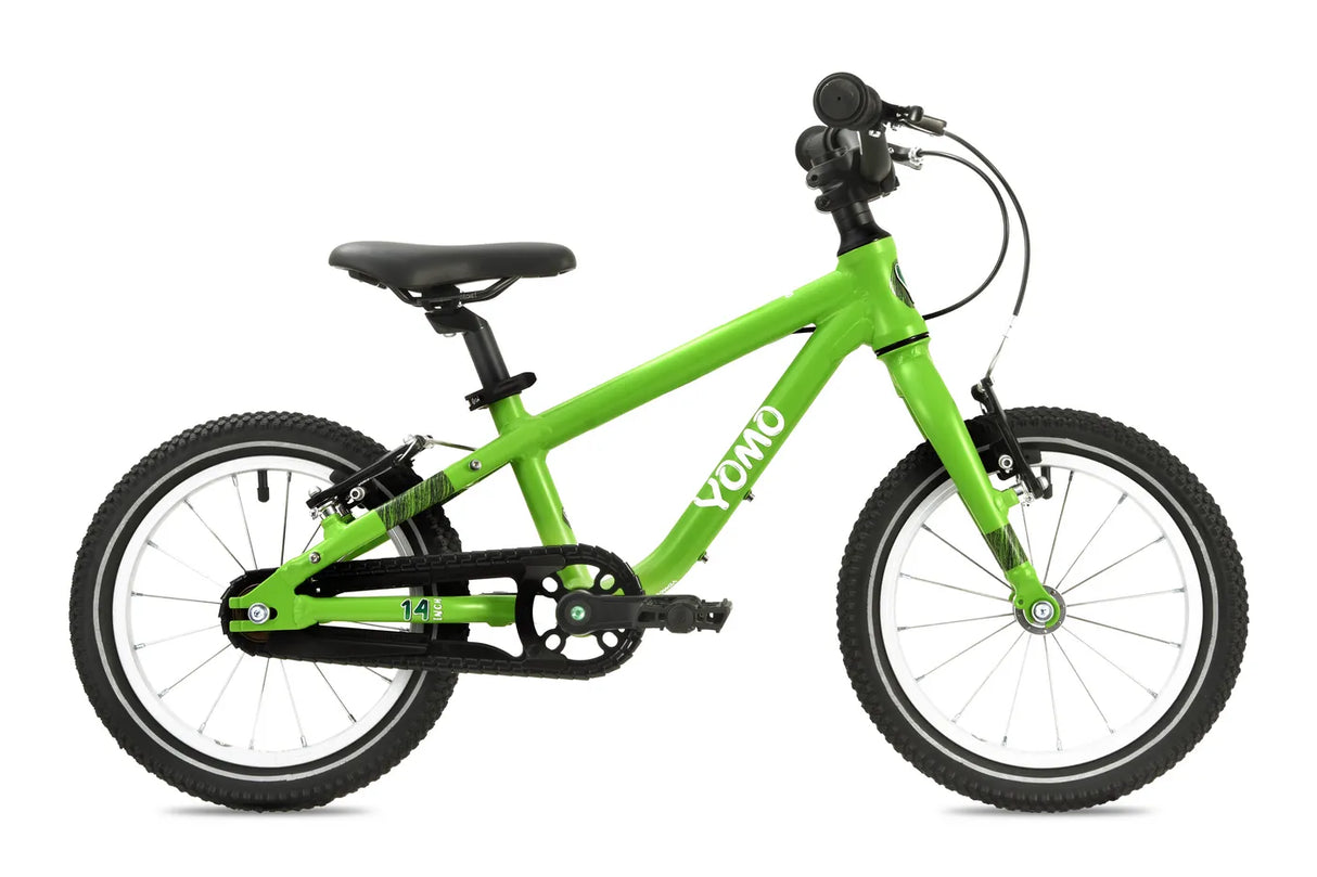 Yomo 14 inch kids bike in green, side view on a white background