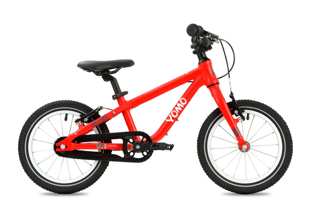 Yomo 14 inch kids bike in red, side view on a white background
