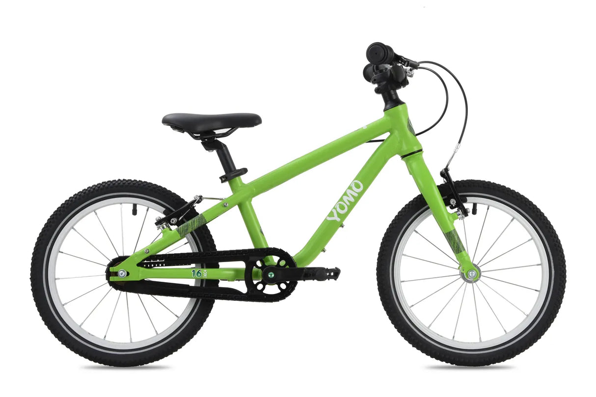 Yomo 16 inch kids bike in green, side view on a white background