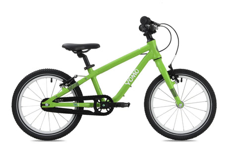 Yomo 16 inch kids bike in green, side view on a white background