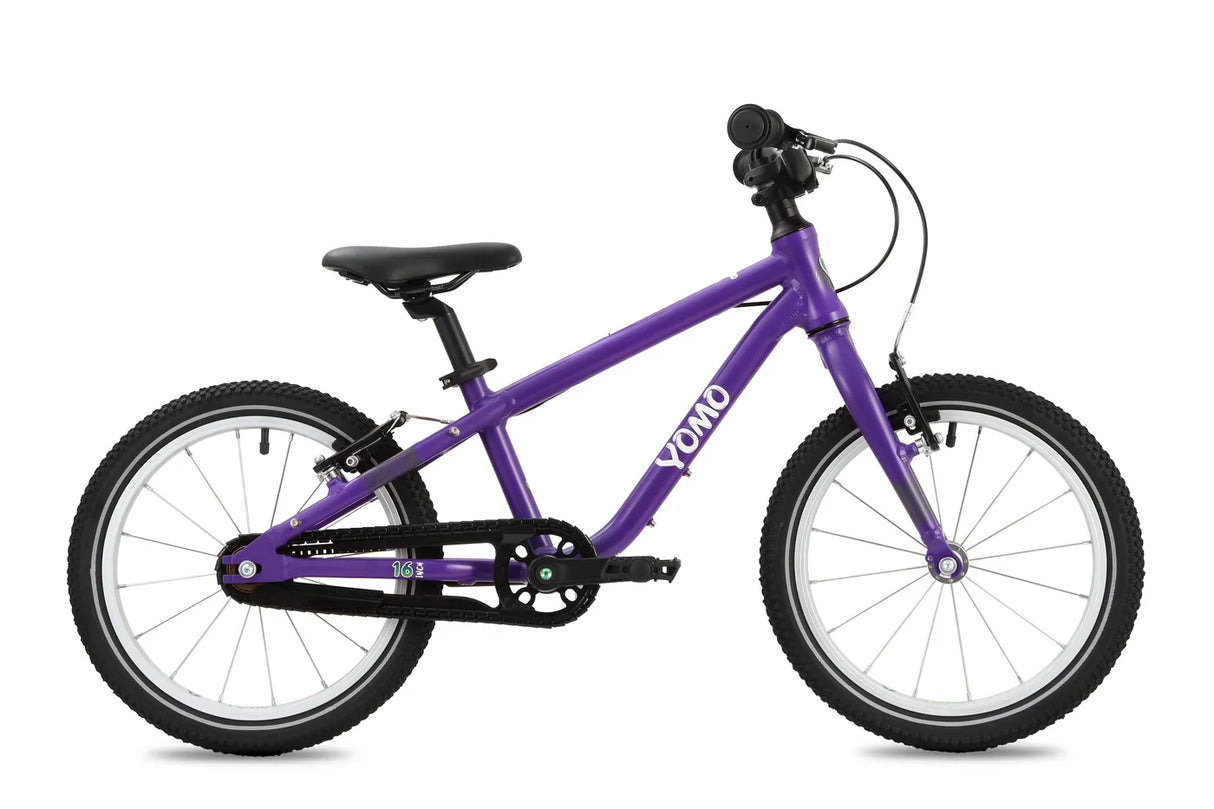 Yomo 16 inch kids bike in purple, side view on a white background