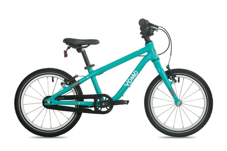 Yomo 16 inch kids bike in turquoise, side view on a white background