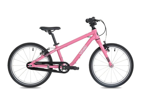 Yomo 18 inch kids bike in pink, side view on a white background